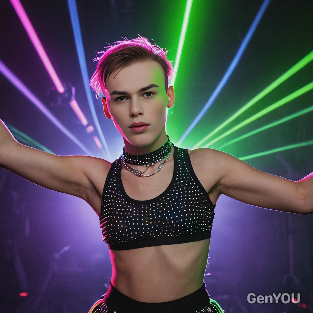 a person in a bold, neon outfit, dancing under black lights at a rave, surrounded by flashing strobe lights, half body 