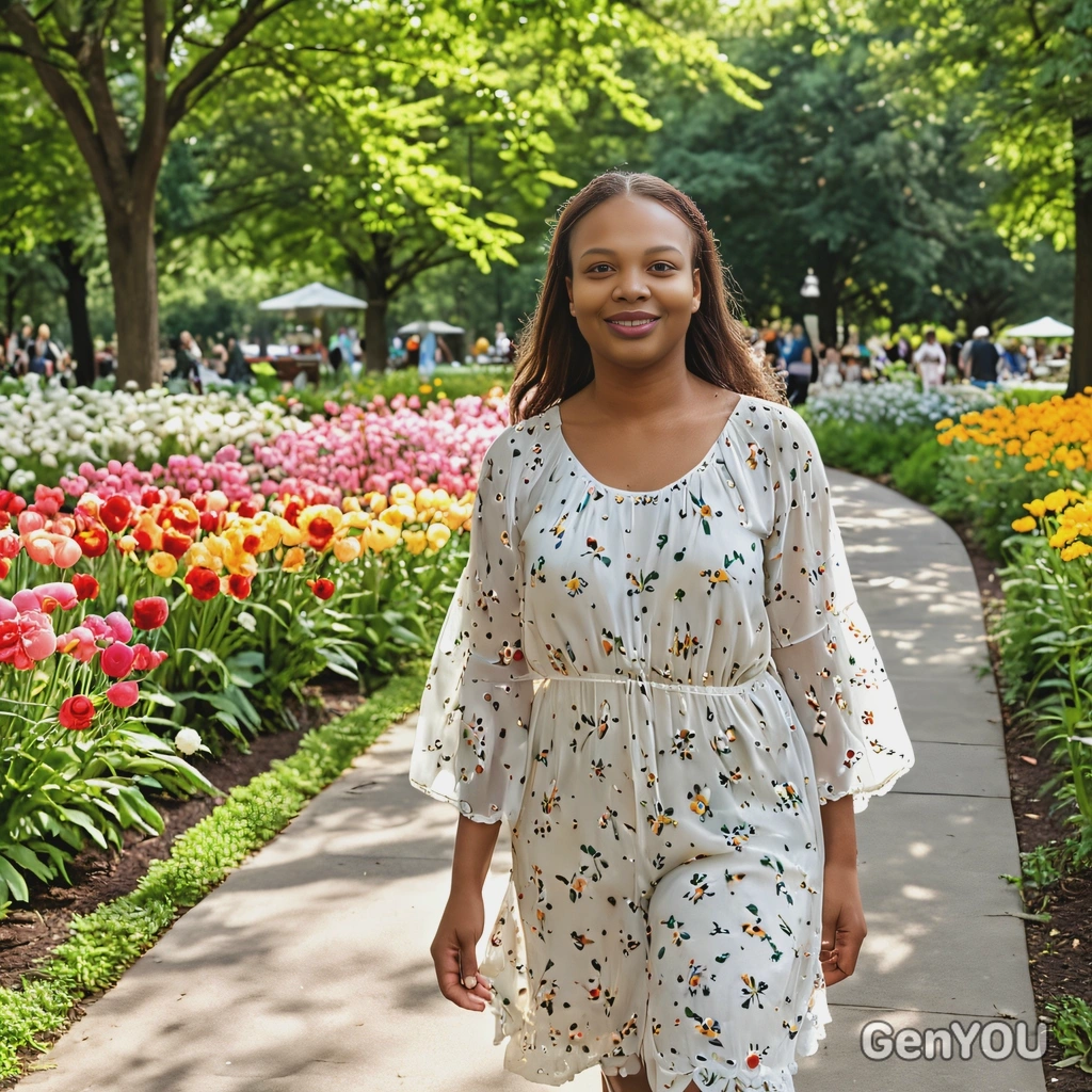 dressed in light, airy fabrics strolling through a vibrant city park filled with summer blooms