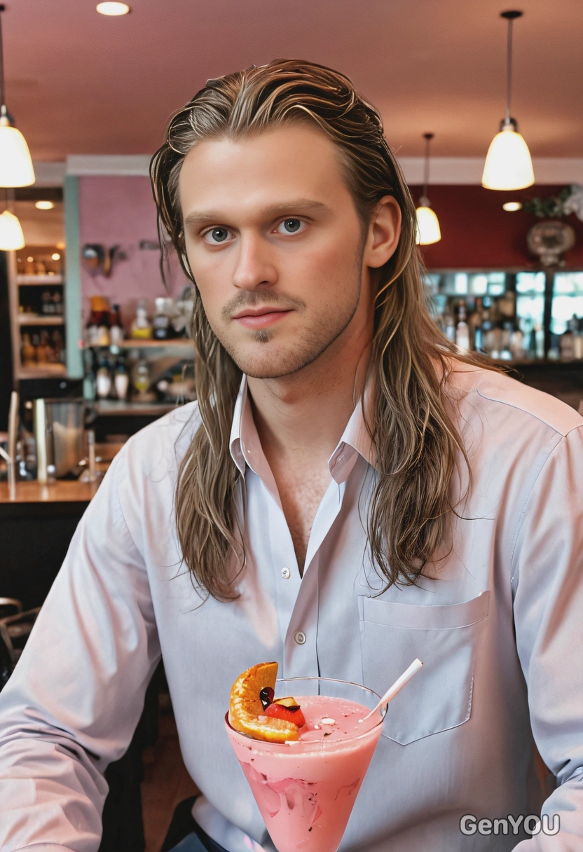 at a restaurant, long hair, pastel tones, high-res, makeup, cocktail, artistic photo