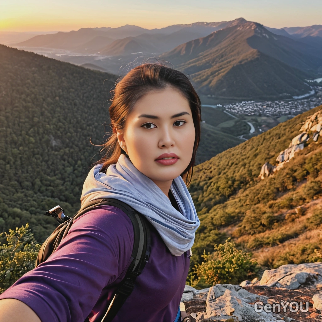 As a traveler watching the sunset from a mountain overlook, look at the camera, half body view 