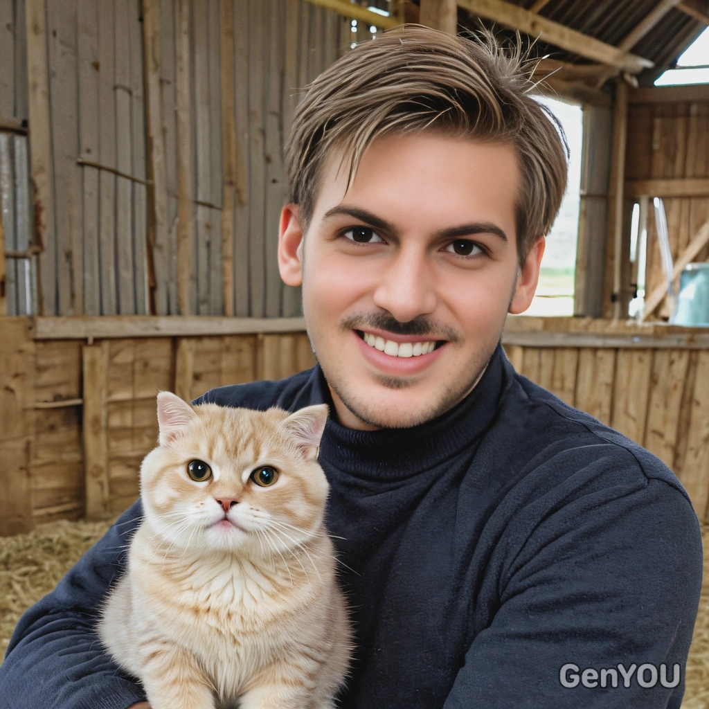 smiling, with a cute Scottish Fold cat in a barn 