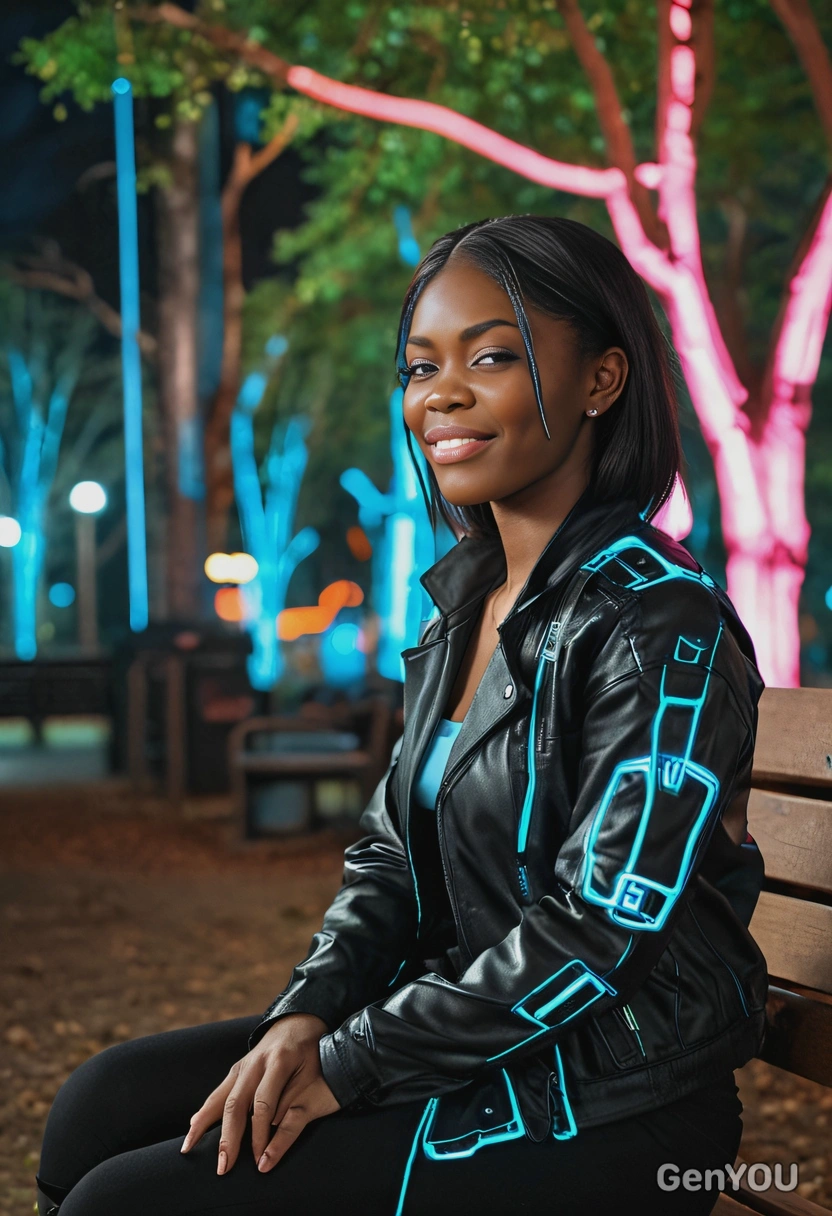 sitting on a bench in a cyberpunk park, illuminated by glowing trees, blurred background, professional photoshoot