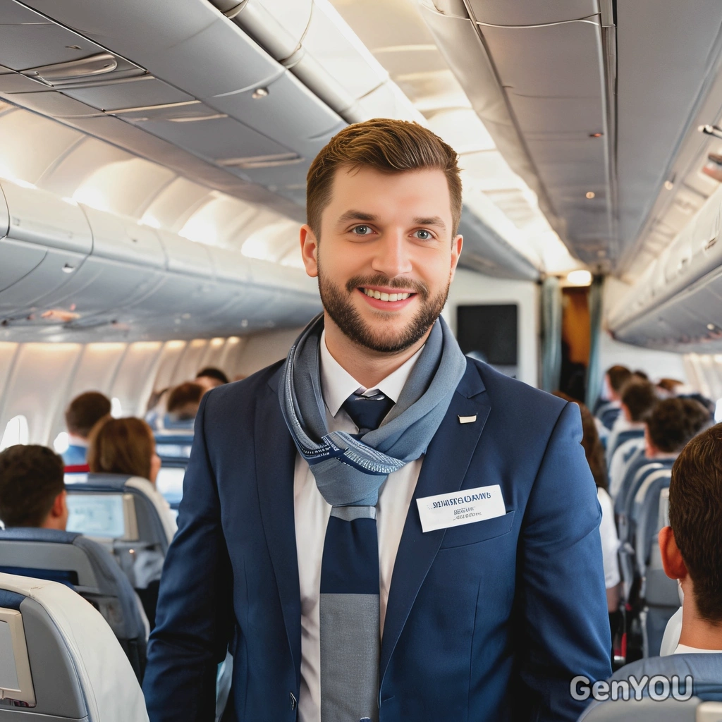 as a flight attendant, wearing a stylish uniform with a scarf, standing in the aisle of a modern airplane, smiling at passengers