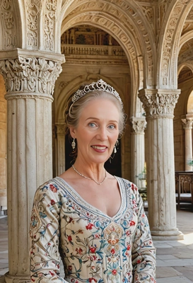 as a royal lady-in-waiting, wearing a richly embroidered dress, standing near a majestic palace courtyard with columns and arches, half body portrait 