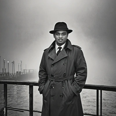 standing on a foggy pier in a trench coat and hat, with a black-and-white filter, film-noir atmosphere