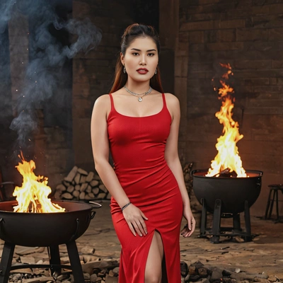 as Hwasa from MAMAMOO, in a bold red dress with thigh-high slit, standing confidently in front of a burning fire pit in a dark studio