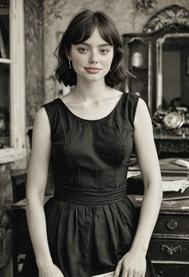 old retro black and white photo, old paper textures, wearing a little black dress with vintage interior blurry background