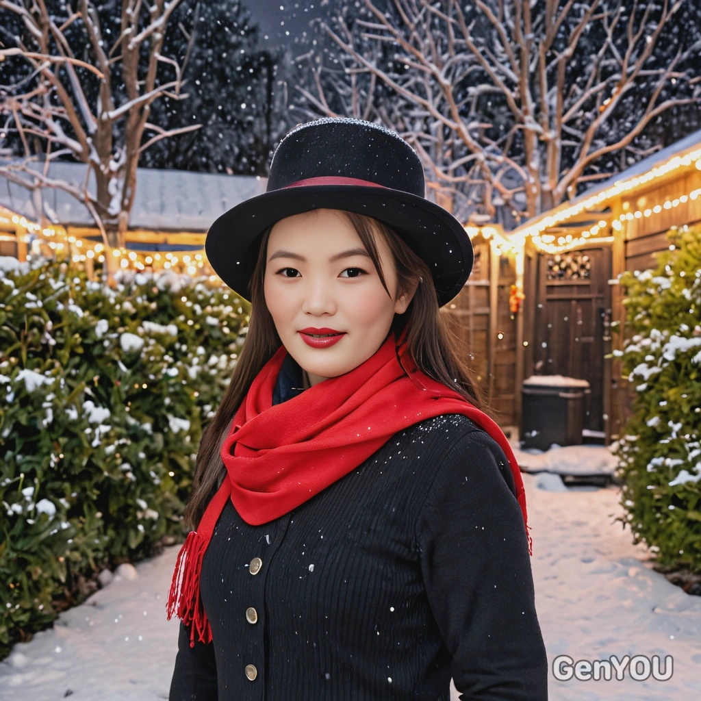 in a black top hat and red scarf, while standing in a snowy backyard with twinkling lights