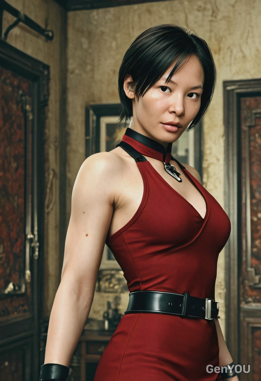 as Ada Wong from Resident Evil 4, short halter top red dress, black belt, old style room, blurred background, game screenshot