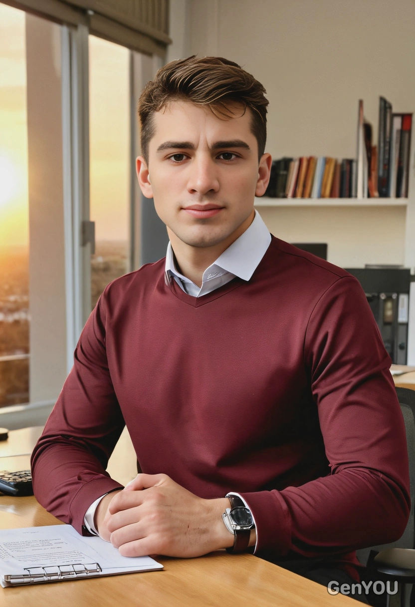burgundy long sleeve, sitting at the office desk, looking to the left, blurry open-space office background, sharp high-quality, sunset lighting