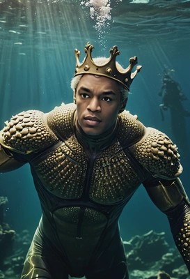 king of the underwater world, blurred background, epic movie shot, full-body image