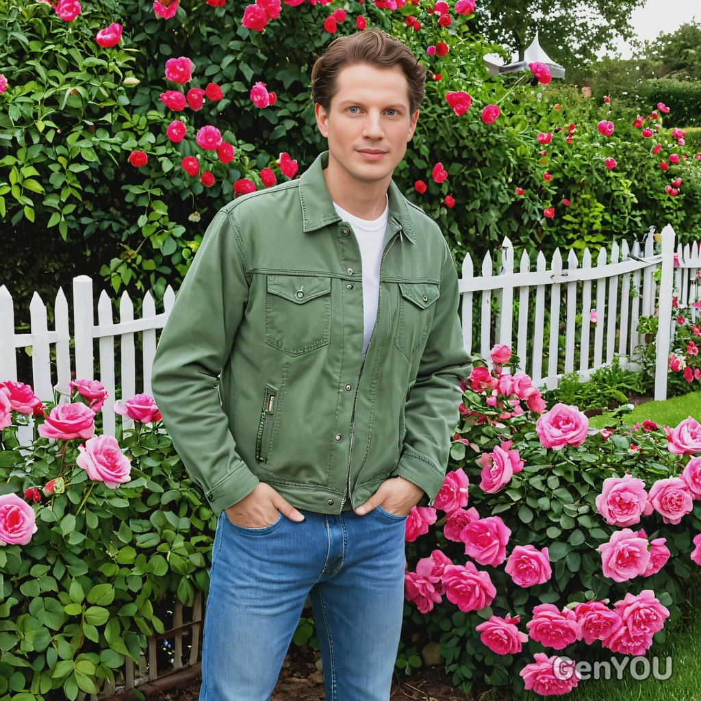 in a casual jacket and jeans, standing near a picket fence in a vibrant garden, surrounded by blooming roses and greenery