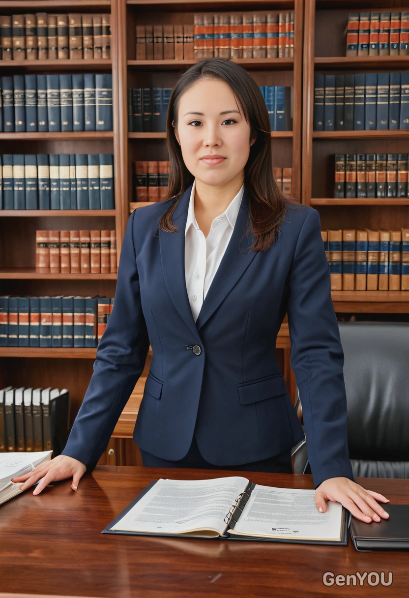 as a lawyer in a crisp business suit, standing in a modern law firm office, reviewing legal documents at a polished wooden desk, with law books lining the walls