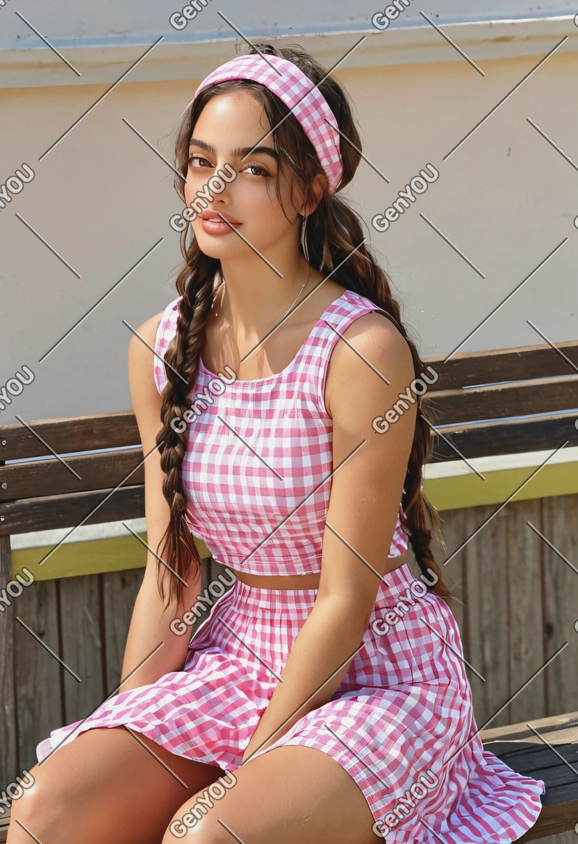 A stylish woman with long braids sits on a bench in the sun, wearing oversize pink and white checkered top and skirt and a matching headband