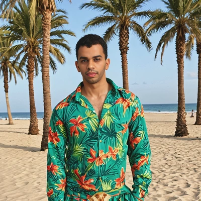 wearing a tropical-themed outfit, standing at a beach party with palm trees in the background