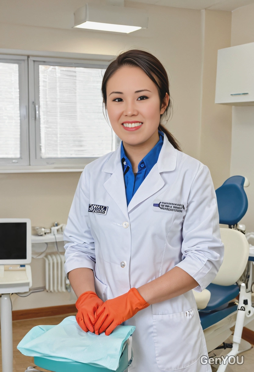 as a dentist in a white coat and gloves, standing in a brightly lit dental office