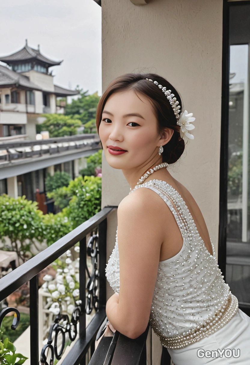 wearing pearls and diamonds while gazing out over a private terrace