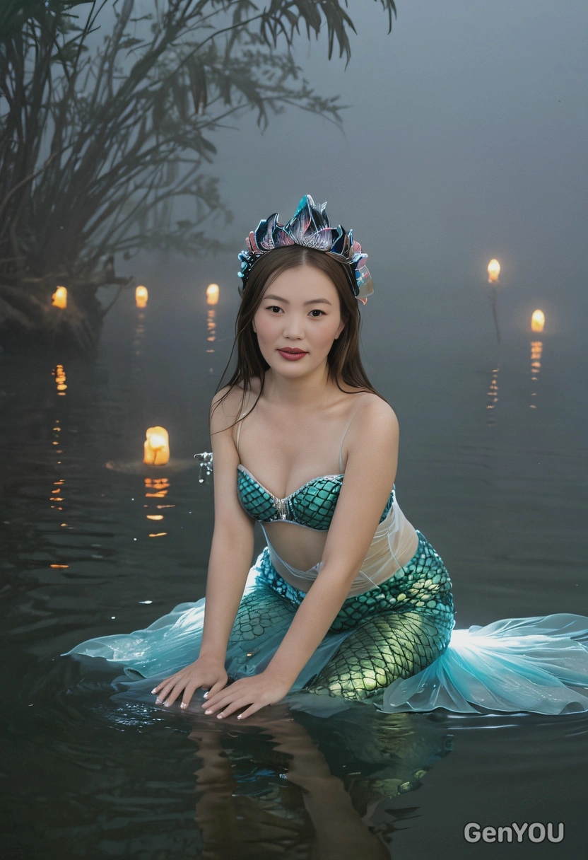 in a mermaid costume, sitting in a foggy lagoon with eerie lights glowing from below the water