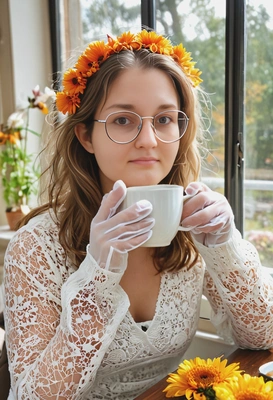 drinking tea by the window, see-through gloves, sunny autumn photoshoot, eyes on you, makeup, big glasses, flowers in hair