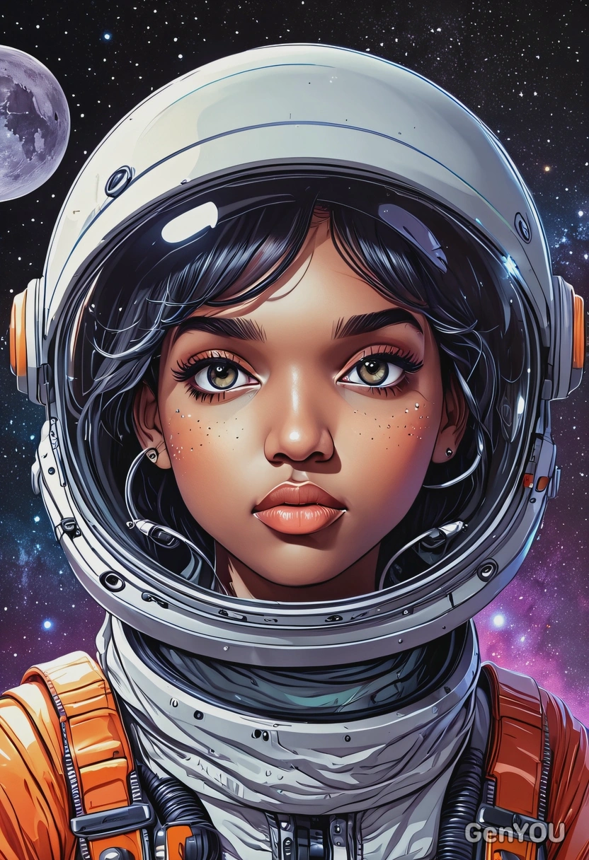 2D cartoon style, colorful, thin ink outlines, flat shading, simple shapes, female space explorer with helmet, oversized cartoon big sparkling eyes, alien planet with two moons background, close-up portrait