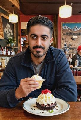 eating a dessert at a cozy café, taken by surprise by this photo, twin peaks style