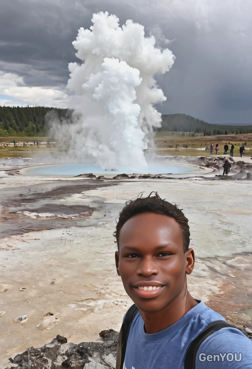 As a tourist standing  nearby a geyser eruption in a geothermal park, look at the camera
