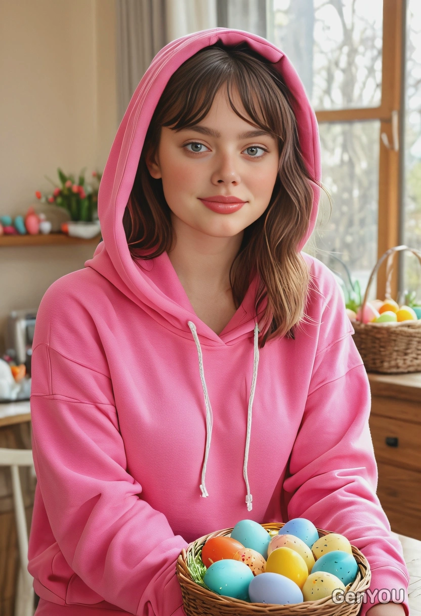 in a bright pink oversized hoodie posing by a table filled with Easter baskets and colorful eggs. Sharp skin texture, natural lighting, blurred background