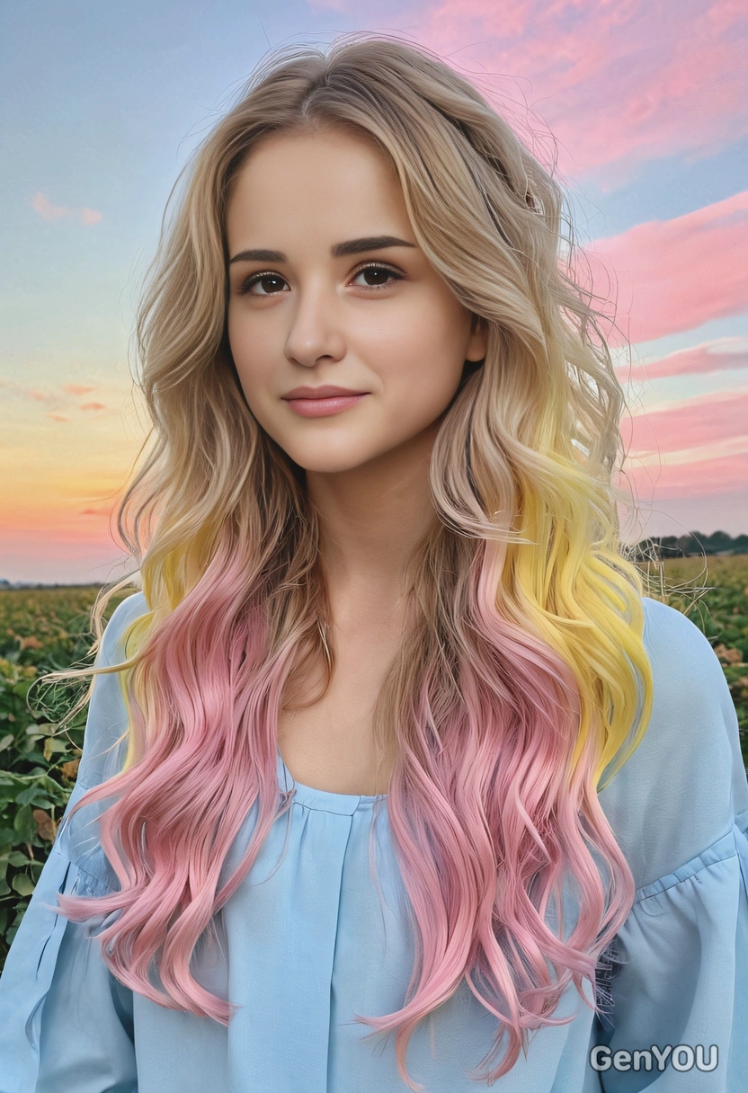 long, flowing hair in pastel ombré shades of yellow, pink, and blue, styled in loose curls, with a dreamy pastel-painted sky backdrop
