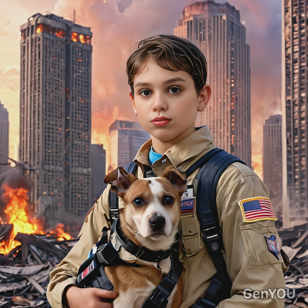 as a futuristic scout boy, in tattered uniform, burning ruined skyscrapers, USA, holding a dog, looking directly at camera, vivid colors, late evening, high-quality cinematographic style