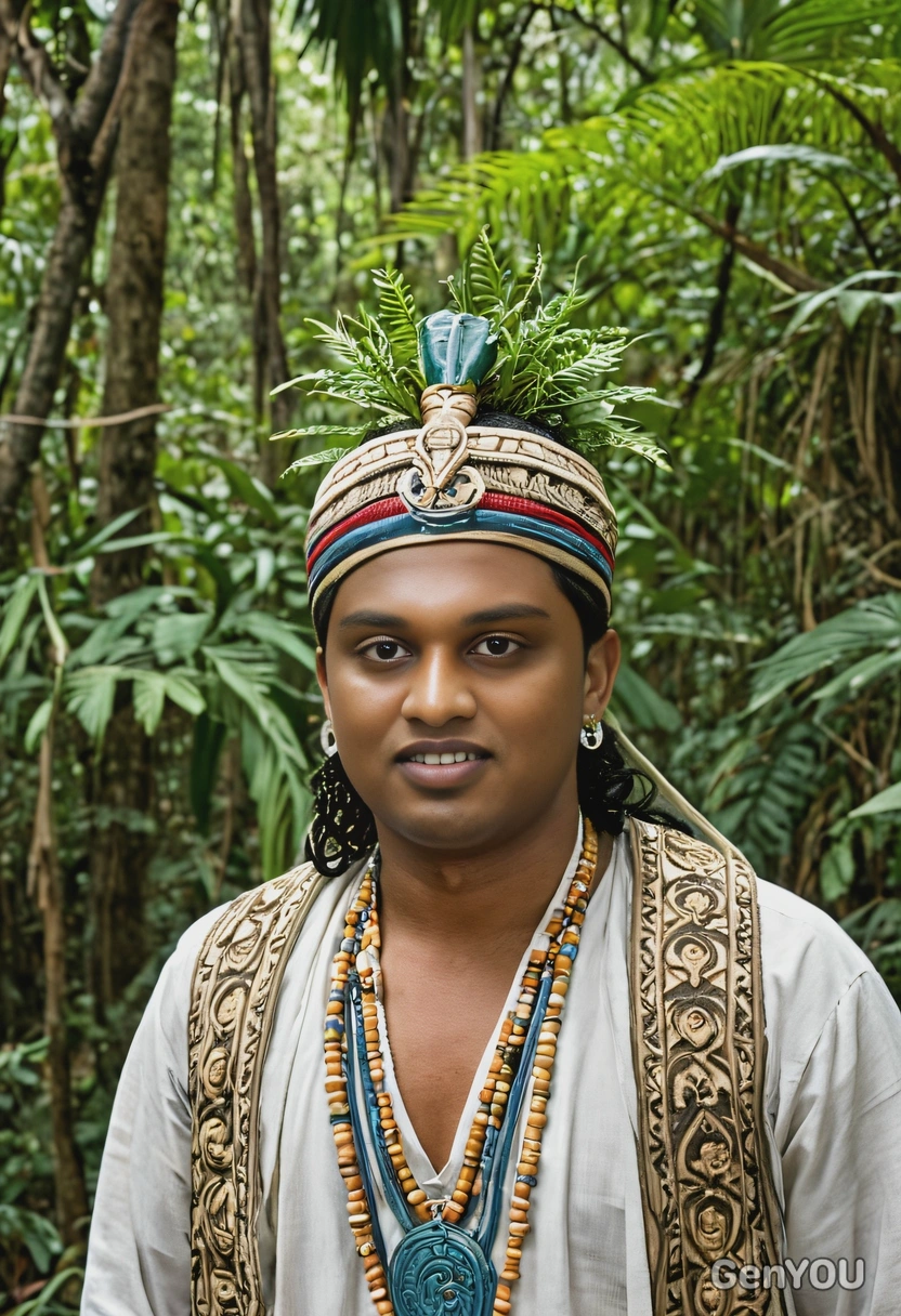 An ancient Mayan priest, surrounded by dense jungle
