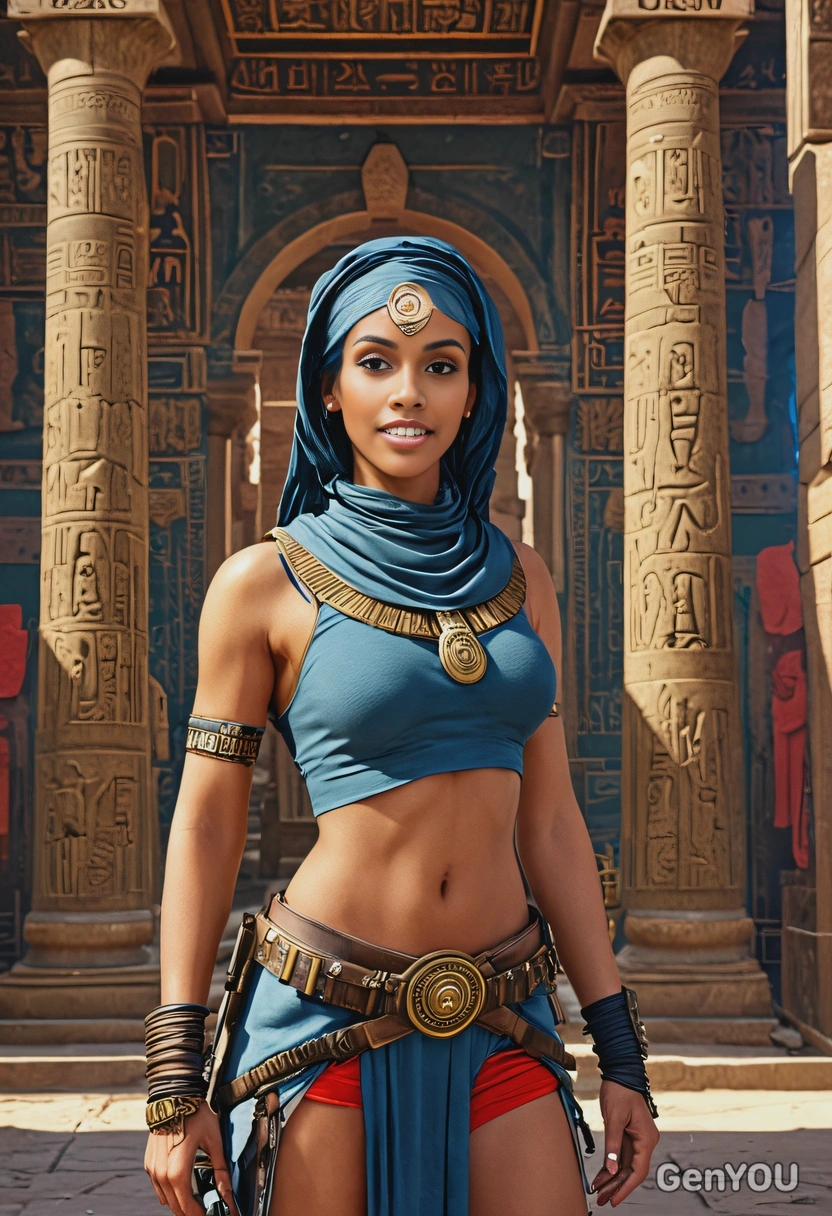 as a bounty hunter in Egypt, ancient temple behind, looking directly at you, vivid colors, symmetrical clothing details, video game style, high-quality stylized art