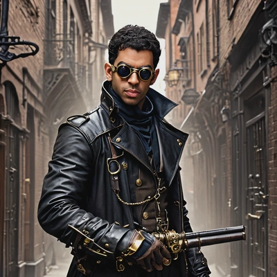 as a Steampunk assassin, in a leather trench coat with brass goggles and a clockwork dagger, lurking in the shadows of a Victorian street.