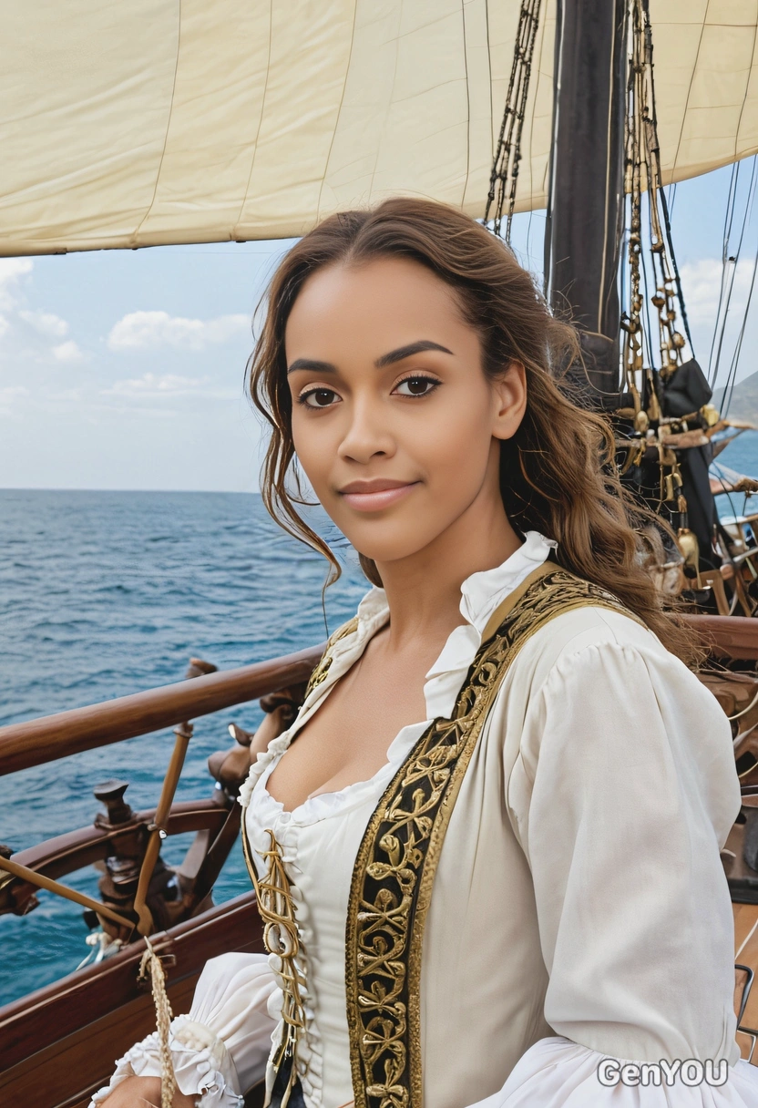 as Elizabeth Swann from Pirates of the Caribbean, on the deck of a sailing ship, mid-shot 