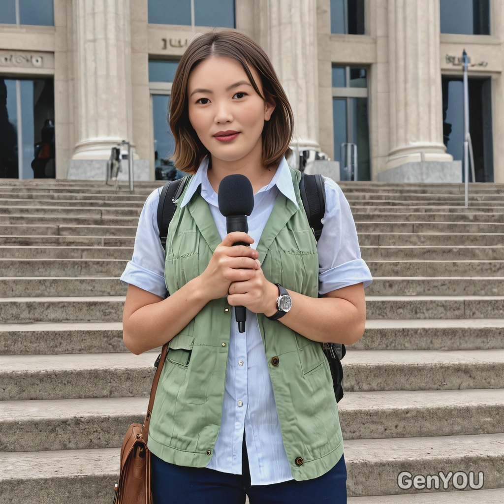 as a journalist in a professional yet casual outfit, standing on the steps of a government building with a microphone in hand, reporting live on breaking news