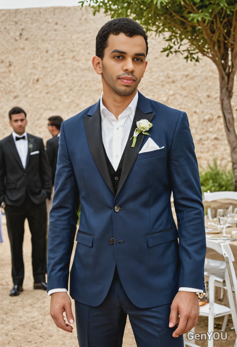 s the groom in a casual, yet refined outfit with a blazer and dress pants, at a relaxed outdoor wedding