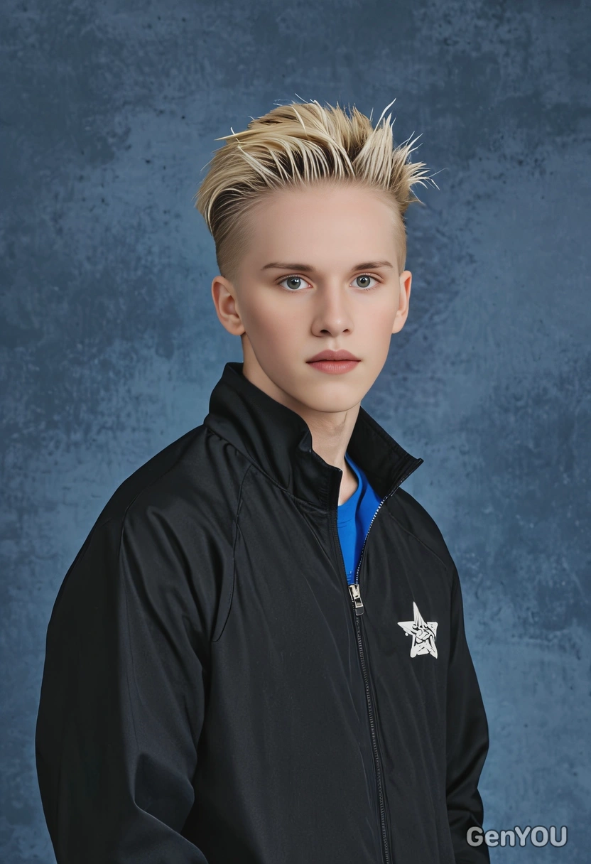 student with short spiky hair, in a black windbreaker, classic blue yearbook background 