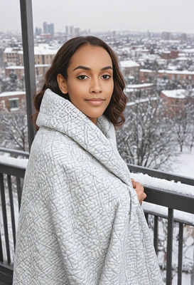 on a balcony, wrapped in a thick quilt, a snowy cityscape, soft focus background 