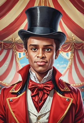 @me as a happy flamboyant ringmaster with a red coat and a top hat, in the center of a circus tent, looking directly into the camera, cartoonish style, big eyes, brushstrokes, high-quality stylized art, close-up
