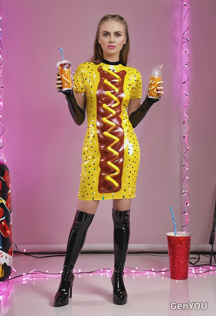 wearing a latex hot dog costume, full body image, at funky party room with twinkling lights and drinks