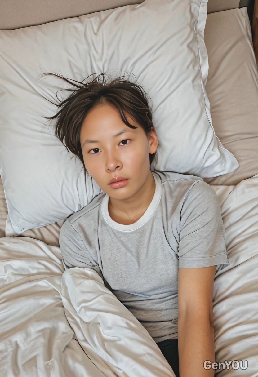 laying in a bed, taking a photo of myself, early morning, view from above