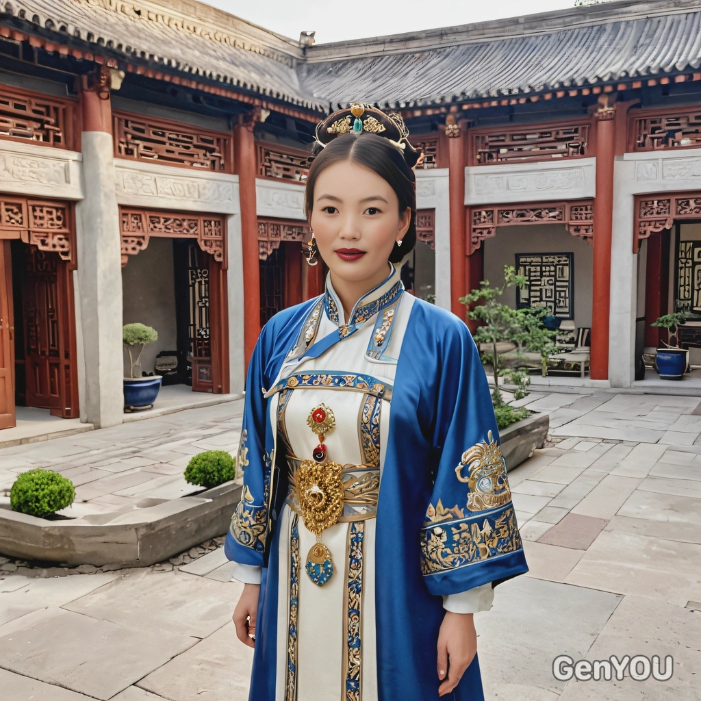 A Chinese empress standing in a luxurious courtyard