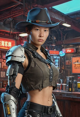 as a cyborg mercenary, robotic arm, wide-brimmed hat, blurred cyberpunk cowboy saloon on background, looking directly at you, vivid colors, symmetrical clothing details, video game style, high-quality stylized art
