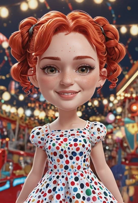 Chibi 3D cartoon style, cheerful girl with braided red hair, glossy oversized eyes, wearing a polka-dot dress with simple clean lines, dynamic pose, carnival background with colorful rides and glowing lights, close-up portrait