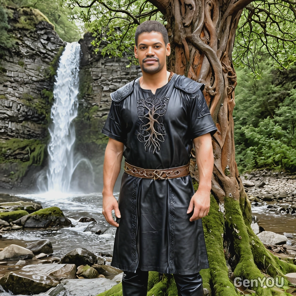 As a Norse god, wearing a leather tunic, standing by a waterfall with an ancient Yggdrasil tree in the background