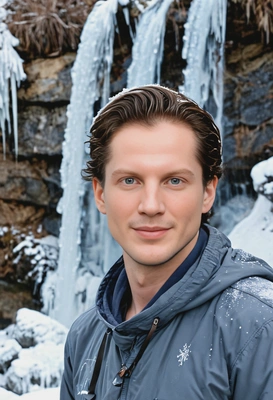 mid-shot, smiling, a stunning frozen waterfall background 