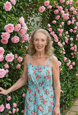 in a floral sundress, standing beside a garden trellis covered in climbing roses, the sweet fragrance of spring blooms filling the air, mid shot photo