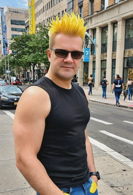 as Johnny Bravo, muscular, black t-shirt, blue jeans, yellow pompadour haircut, in the city