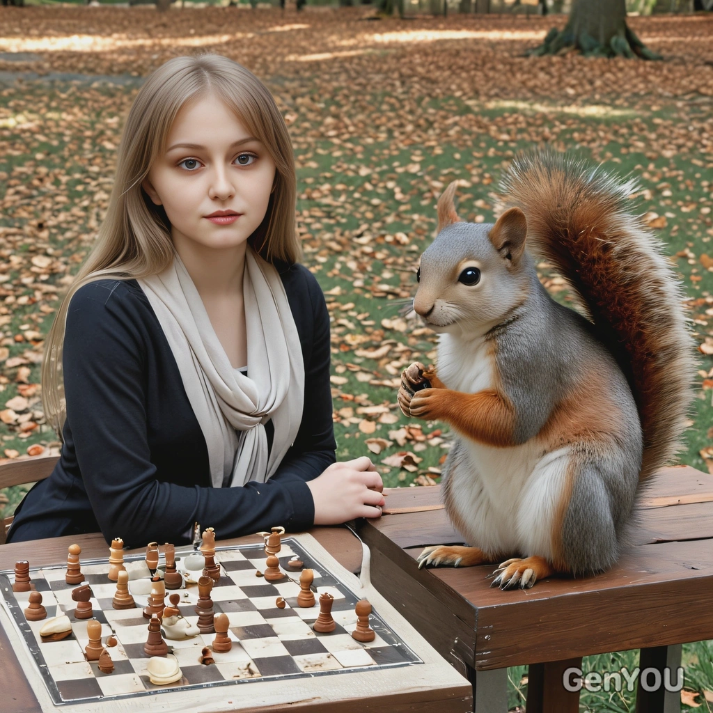 seated across from a squirrel at a chess table