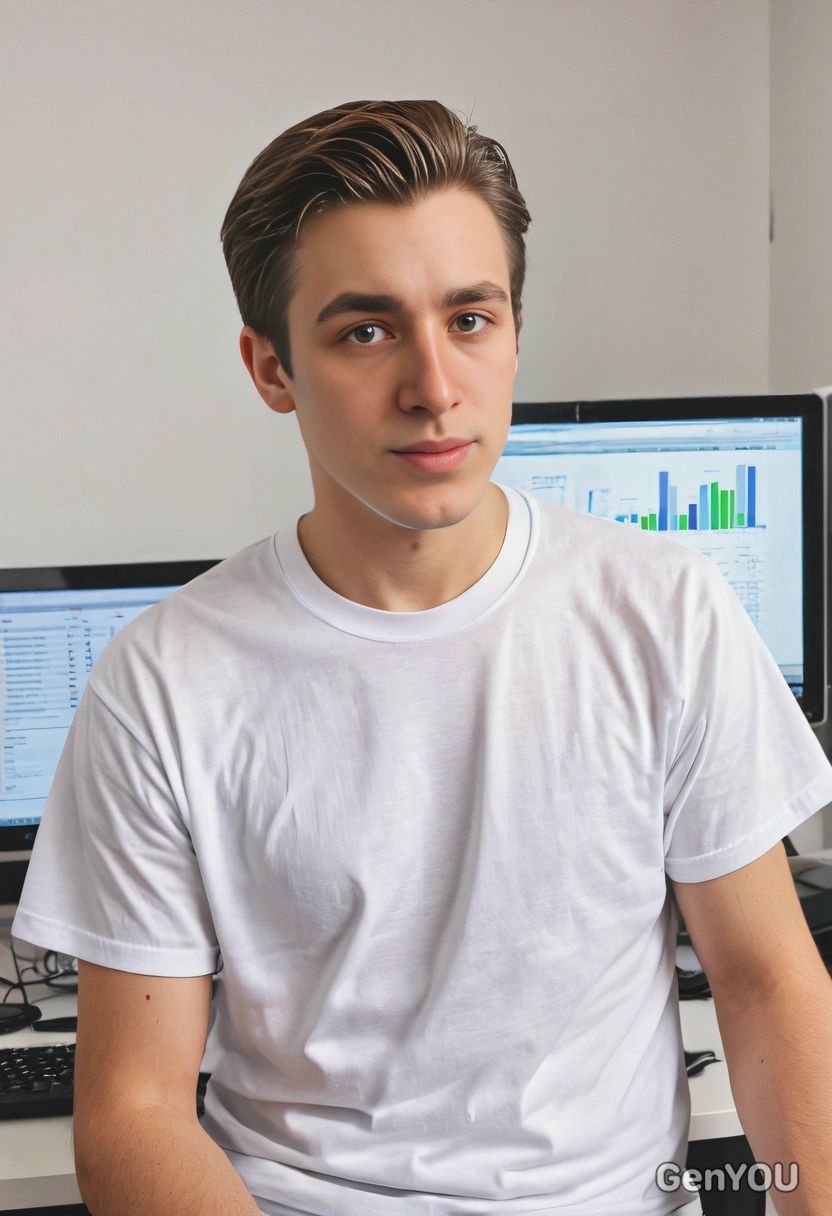 A professional, analyzing data on a computer, looking into the camera, white t-shirt, blurred background