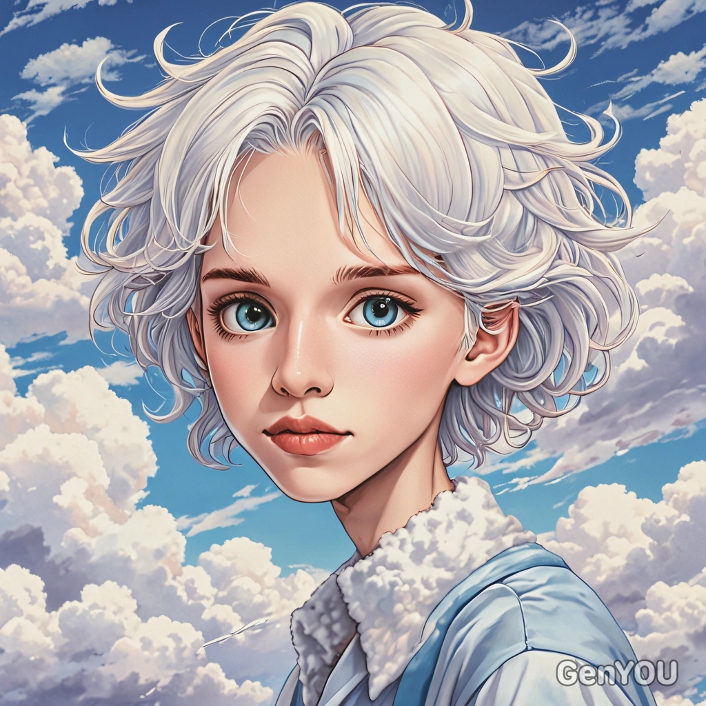 on fluffy clouds, anime style, big eyes, manga drawing